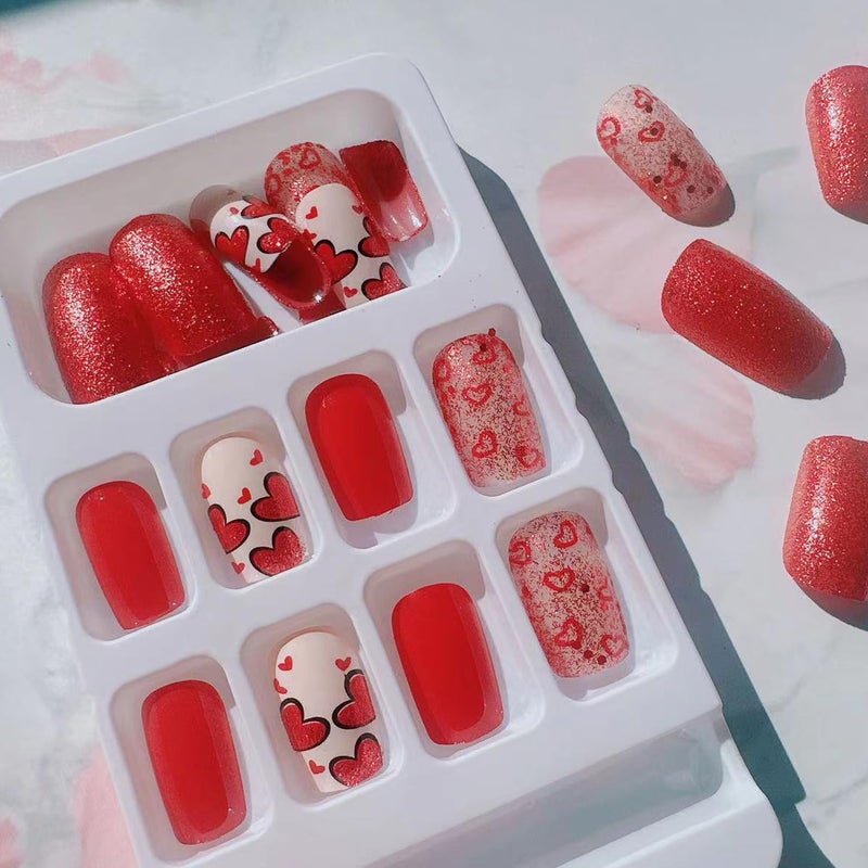 YKZFUI 24Pcs Valentine's Day Nails Press on Nails Short French Tip Press on Nails with Red Heart Sparkly Design Square False Nails Valentine's Fake Nails Glitter Glue on Nails Heart Love Manicure for Women - Image 3